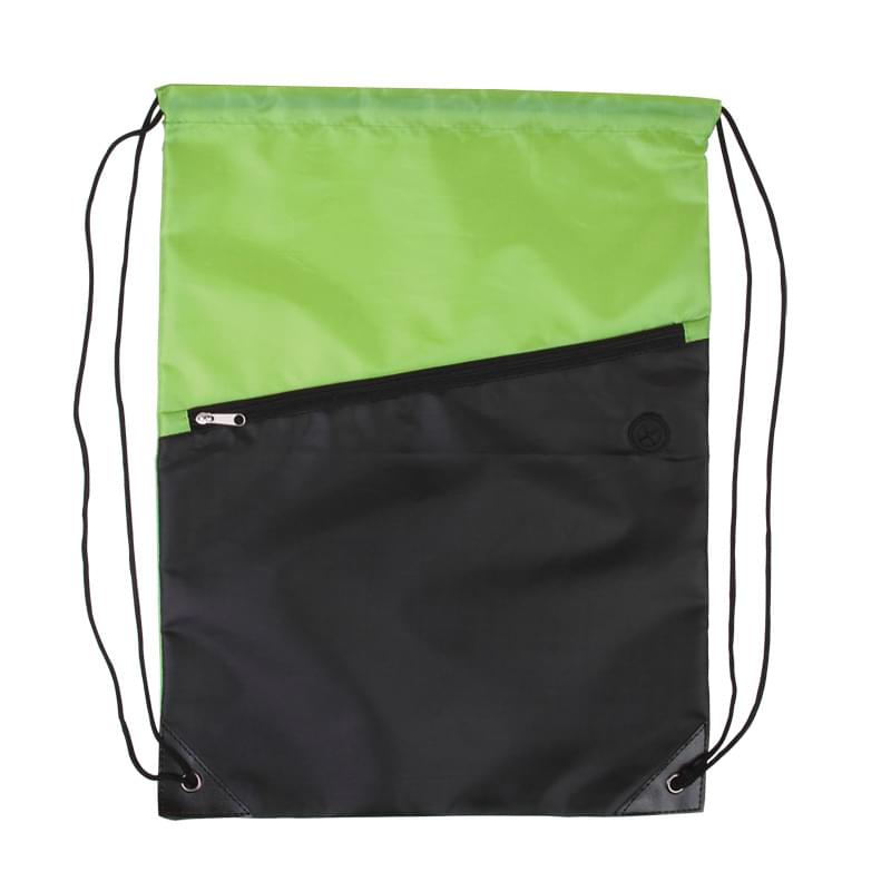 Two-Tone Poly Drawstring Backpack with Zipper Front Pocket